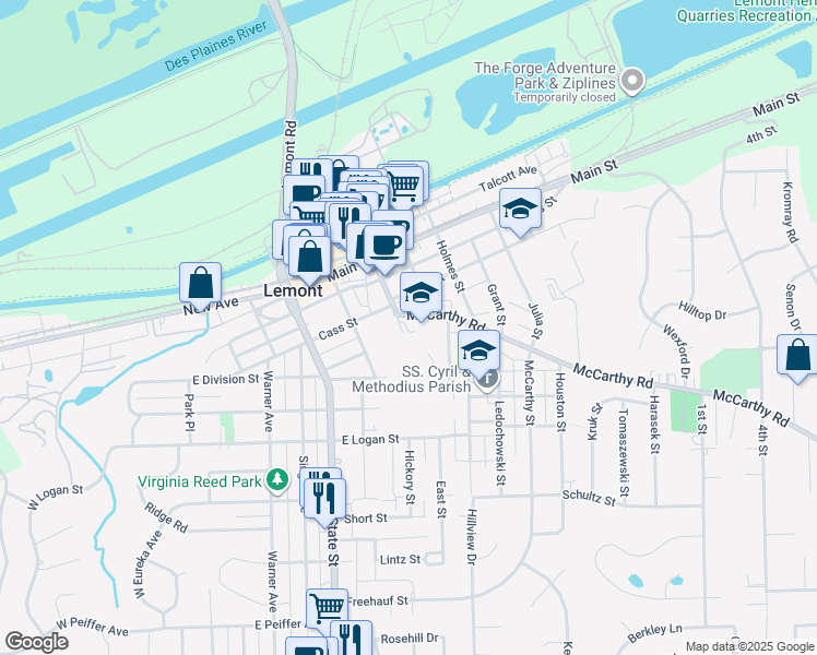 map of restaurants, bars, coffee shops, grocery stores, and more near 405 Stephen Street in Lemont