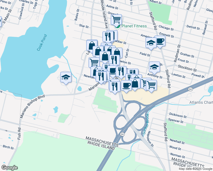 map of restaurants, bars, coffee shops, grocery stores, and more near in Fall River