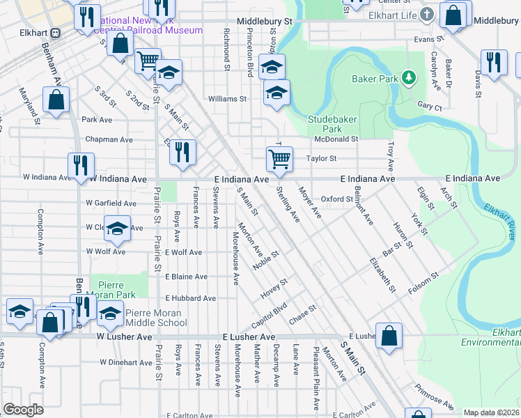 map of restaurants, bars, coffee shops, grocery stores, and more near 711 Rue St in Elkhart
