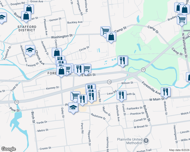 map of restaurants, bars, coffee shops, grocery stores, and more near 135 East Main Street in Bristol