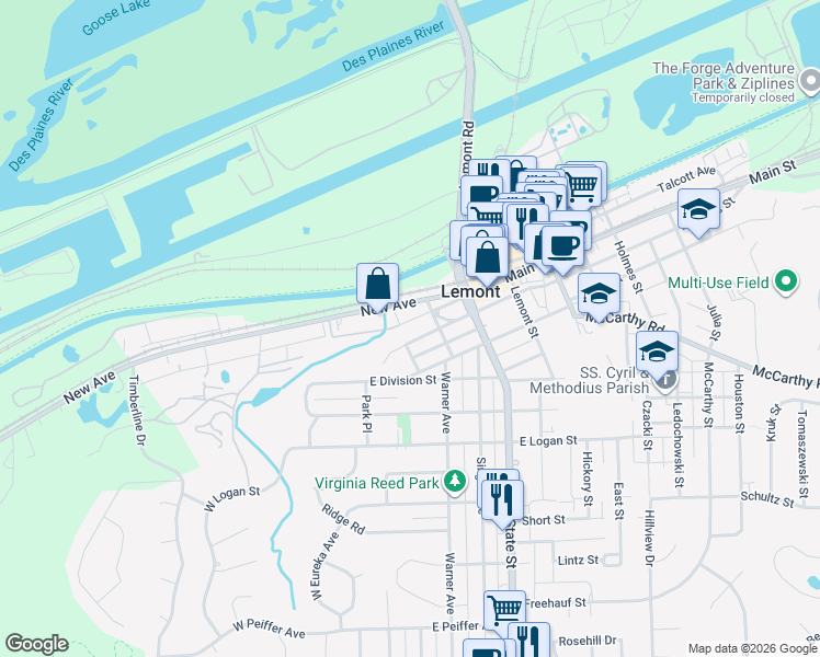 map of restaurants, bars, coffee shops, grocery stores, and more near 216 Lockport Street in Lemont