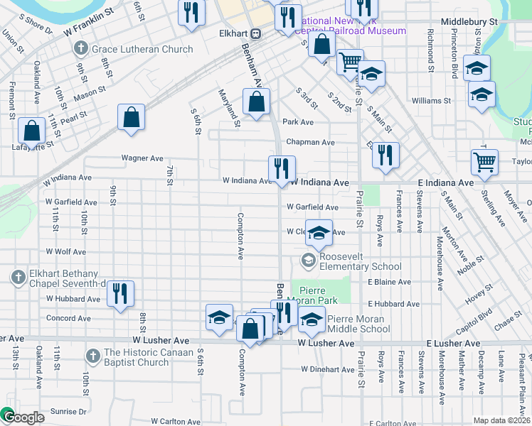 map of restaurants, bars, coffee shops, grocery stores, and more near 312 West Garfield Avenue in Elkhart