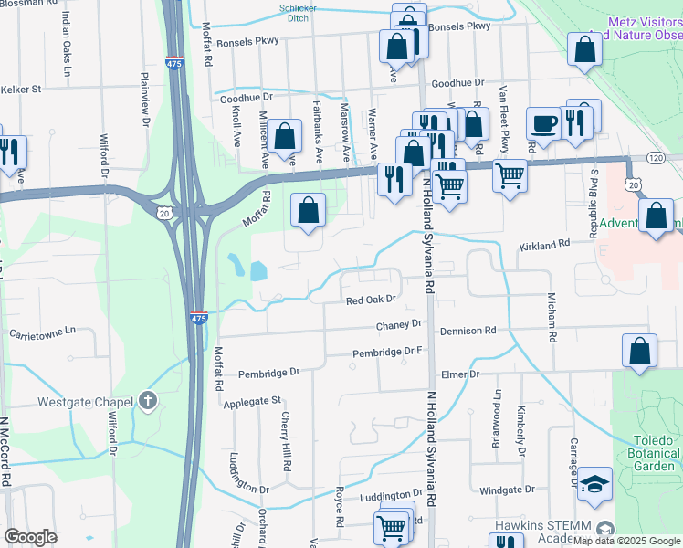 map of restaurants, bars, coffee shops, grocery stores, and more near 2803 Scarlet Oak Drive in Toledo