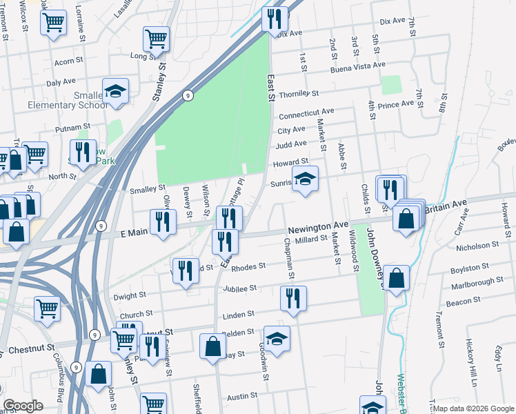 map of restaurants, bars, coffee shops, grocery stores, and more near 738 East Street in New Britain