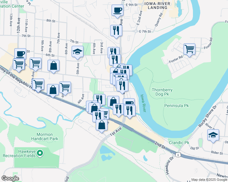 map of restaurants, bars, coffee shops, grocery stores, and more near 405 2nd Avenue in Coralville