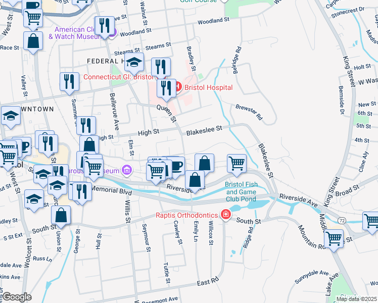 map of restaurants, bars, coffee shops, grocery stores, and more near 279 Queen Street in Bristol