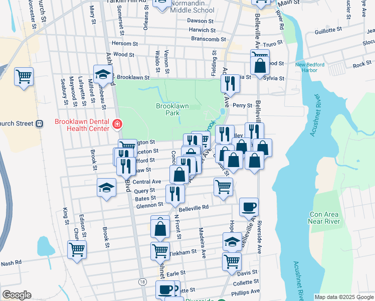 map of restaurants, bars, coffee shops, grocery stores, and more near 27-29 Princeton Street in New Bedford