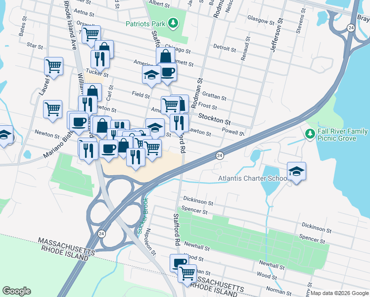 map of restaurants, bars, coffee shops, grocery stores, and more near 1187 Stafford Road in Fall River