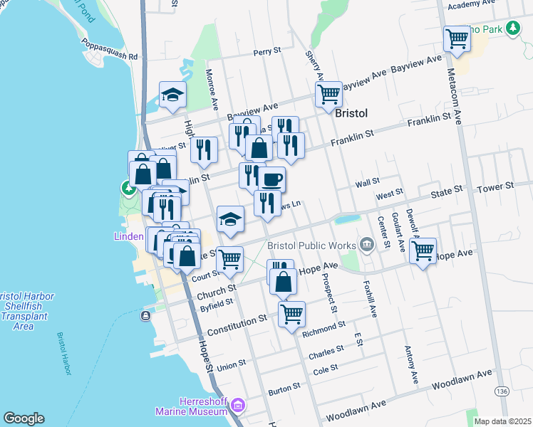 map of restaurants, bars, coffee shops, grocery stores, and more near 500 Wood Street in Bristol