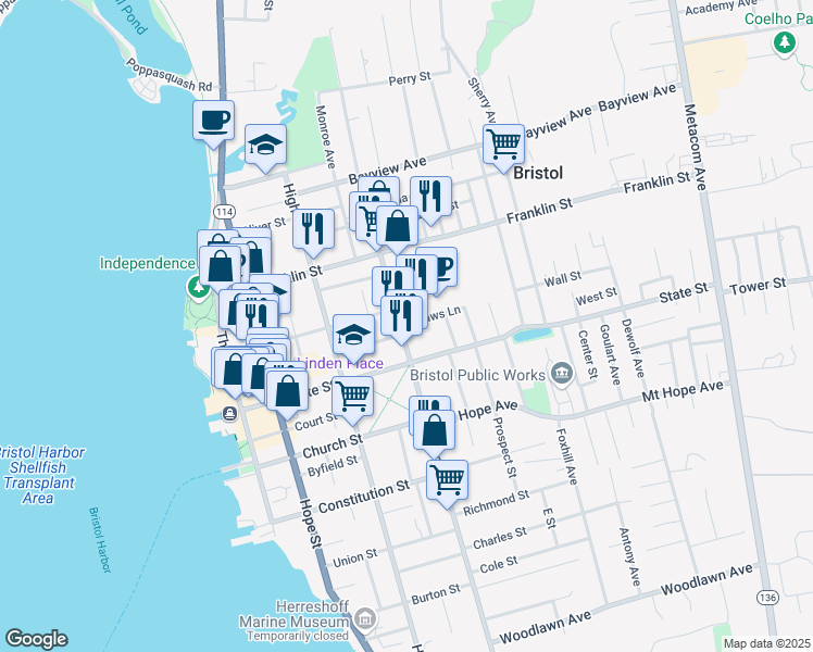 map of restaurants, bars, coffee shops, grocery stores, and more near 500 Wood Street in Bristol