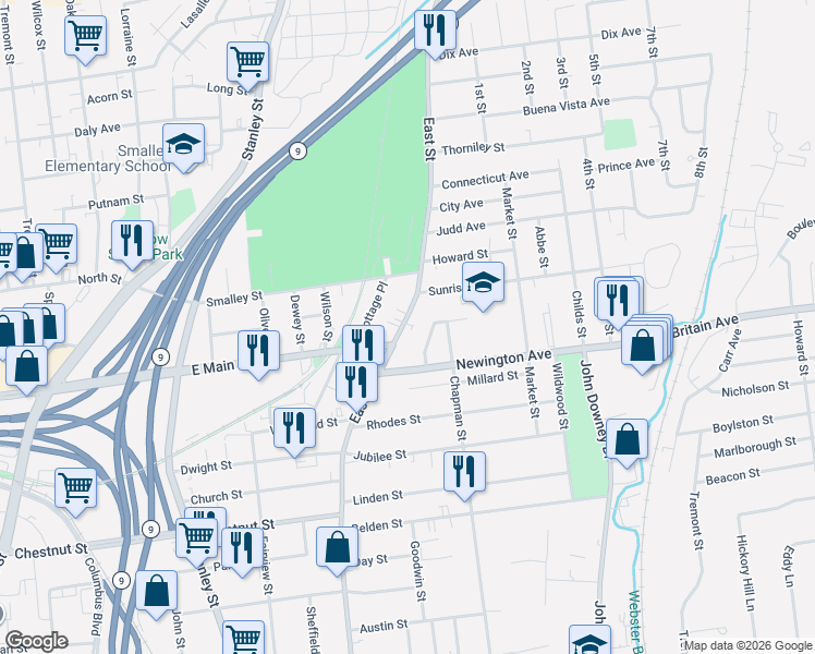 map of restaurants, bars, coffee shops, grocery stores, and more near 738 East Street in New Britain