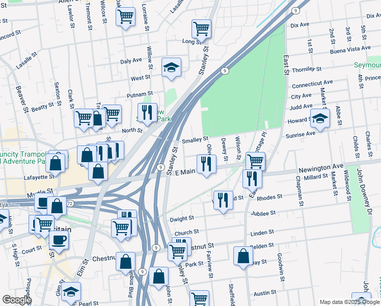 map of restaurants, bars, coffee shops, grocery stores, and more near 85 Smalley Street in New Britain