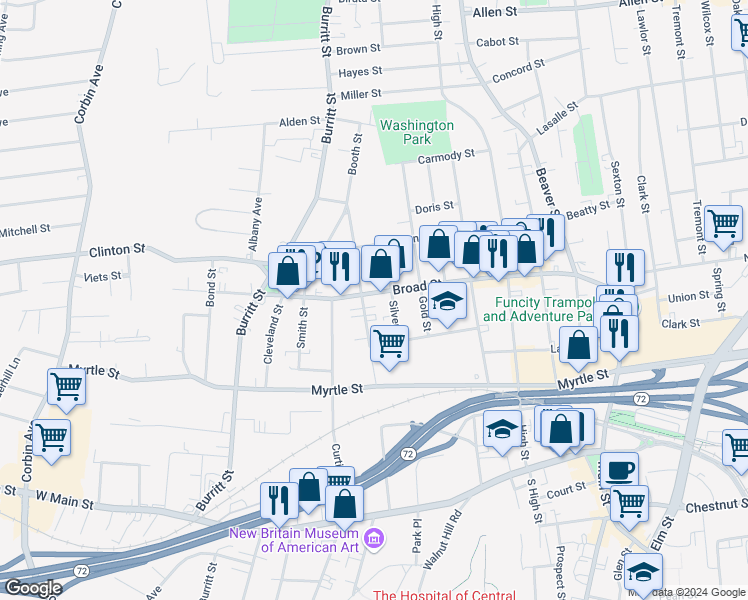 map of restaurants, bars, coffee shops, grocery stores, and more near 223 Broad Street in New Britain