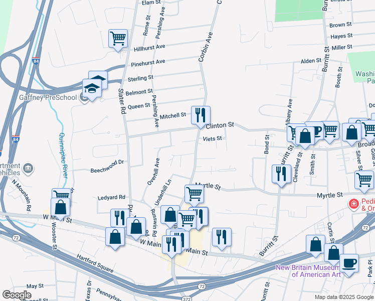 map of restaurants, bars, coffee shops, grocery stores, and more near 24 Birdseye Street in New Britain