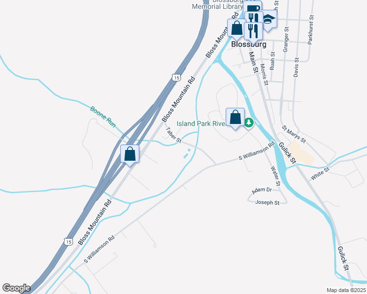 map of restaurants, bars, coffee shops, grocery stores, and more near 135-141 Taber Street in Blossburg