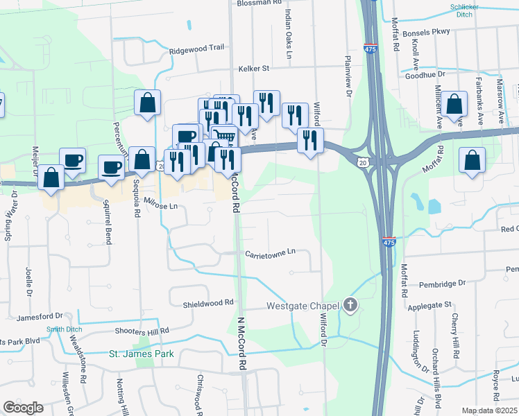 map of restaurants, bars, coffee shops, grocery stores, and more near 2920 North McCord Road in Toledo
