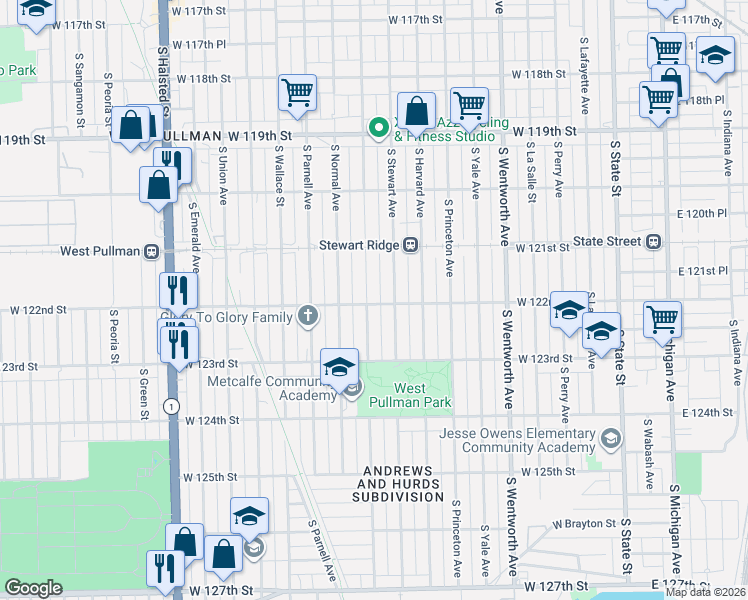 map of restaurants, bars, coffee shops, grocery stores, and more near 12143 South Eggleston Avenue in Chicago