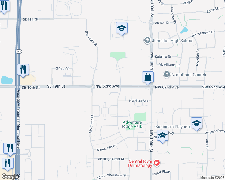 map of restaurants, bars, coffee shops, grocery stores, and more near 10471 Northwest 62nd Avenue in Johnston