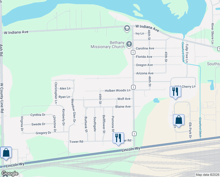 map of restaurants, bars, coffee shops, grocery stores, and more near 56549 County Road 1 in Elkhart