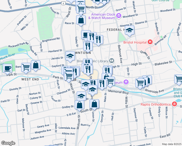map of restaurants, bars, coffee shops, grocery stores, and more near 90 North Main Street in Bristol