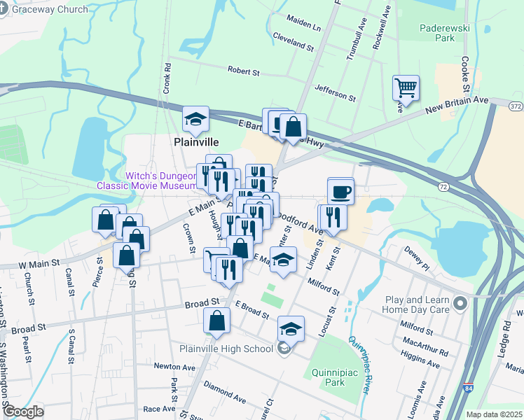 map of restaurants, bars, coffee shops, grocery stores, and more near Connecticut 10 in Plainville