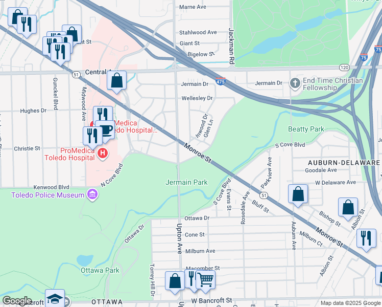 map of restaurants, bars, coffee shops, grocery stores, and more near 3711 Monroe Street in Toledo
