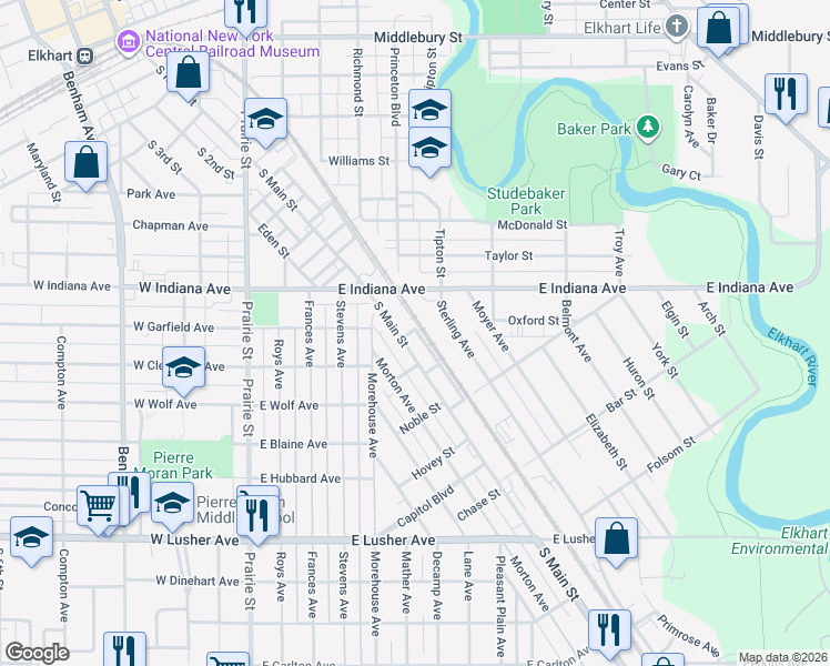 map of restaurants, bars, coffee shops, grocery stores, and more near 711 Rue Street in Elkhart