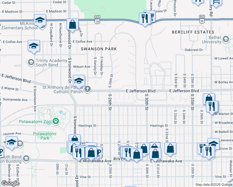 map of restaurants, bars, coffee shops, grocery stores, and more near 2628 East Jefferson Boulevard in South Bend