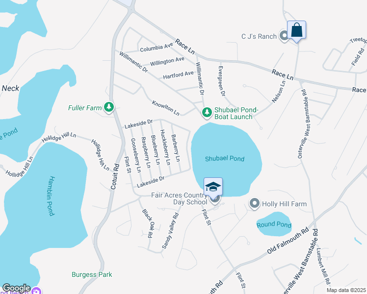 map of restaurants, bars, coffee shops, grocery stores, and more near 193 Lakeside Drive in Barnstable