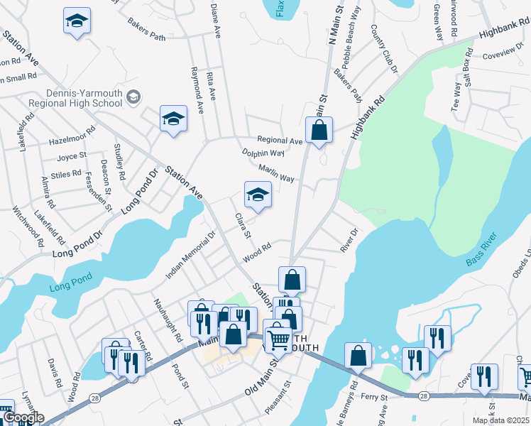 map of restaurants, bars, coffee shops, grocery stores, and more near 321 Wood Road in Yarmouth