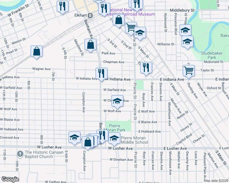 map of restaurants, bars, coffee shops, grocery stores, and more near 200 West Garfield Avenue in Elkhart
