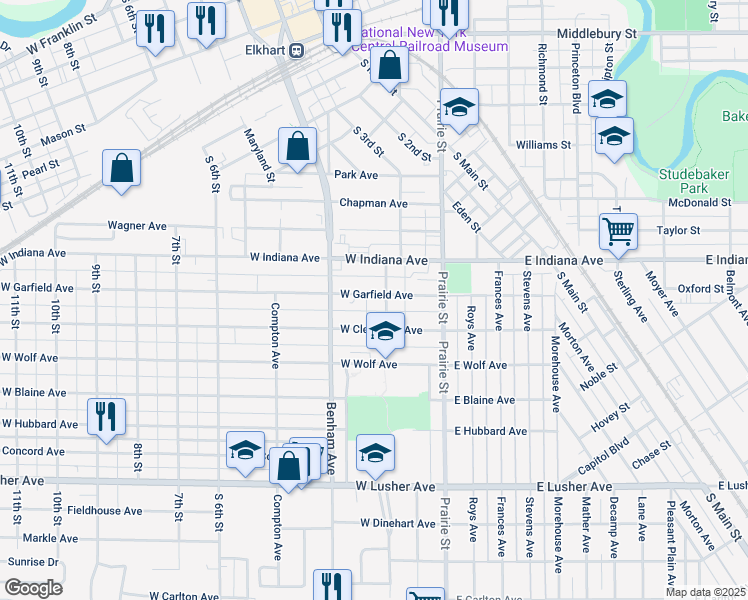 map of restaurants, bars, coffee shops, grocery stores, and more near 209 West Garfield Avenue in Elkhart