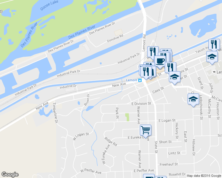 map of restaurants, bars, coffee shops, grocery stores, and more near 15850 New Ave in Lemont