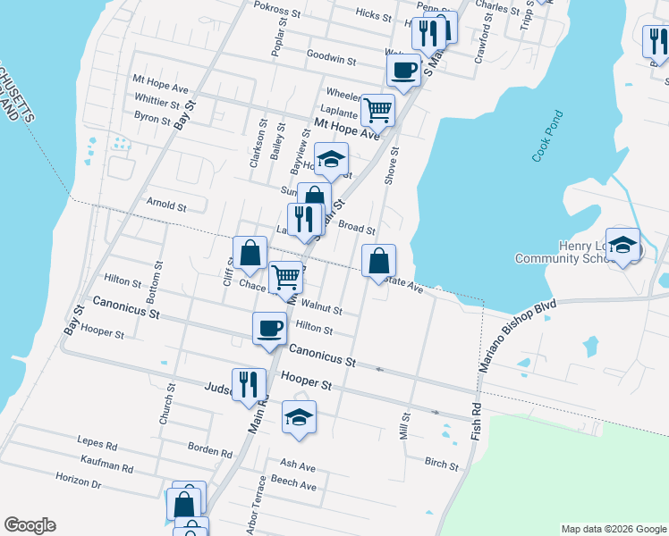 map of restaurants, bars, coffee shops, grocery stores, and more near 311 State Avenue in Tiverton