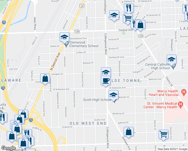 map of restaurants, bars, coffee shops, grocery stores, and more near 2561 Parkwood Avenue in Toledo