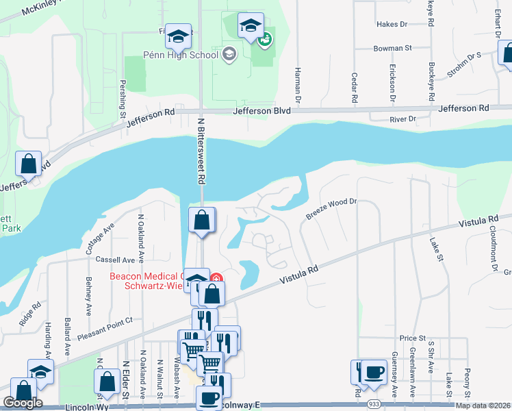 map of restaurants, bars, coffee shops, grocery stores, and more near 600 Vistula Terrace East in Mishawaka