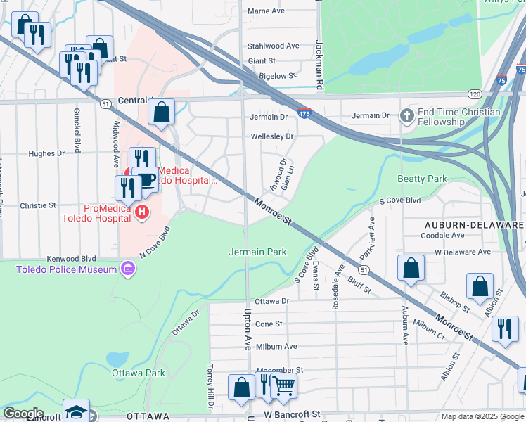 map of restaurants, bars, coffee shops, grocery stores, and more near 3711 Monroe Street in Toledo