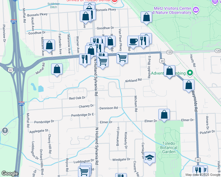 map of restaurants, bars, coffee shops, grocery stores, and more near 2824 Quail Run Drive in Toledo
