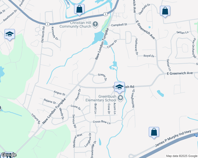map of restaurants, bars, coffee shops, grocery stores, and more near 108 Scenic Drive in West Warwick