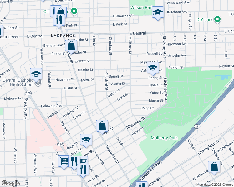 map of restaurants, bars, coffee shops, grocery stores, and more near 527 Palmer Street in Toledo