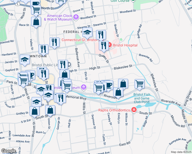 map of restaurants, bars, coffee shops, grocery stores, and more near 19 Munchausen Avenue in Bristol