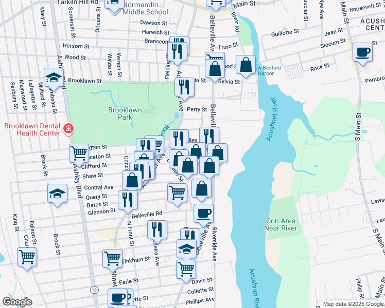 map of restaurants, bars, coffee shops, grocery stores, and more near 65 Covell Street in New Bedford