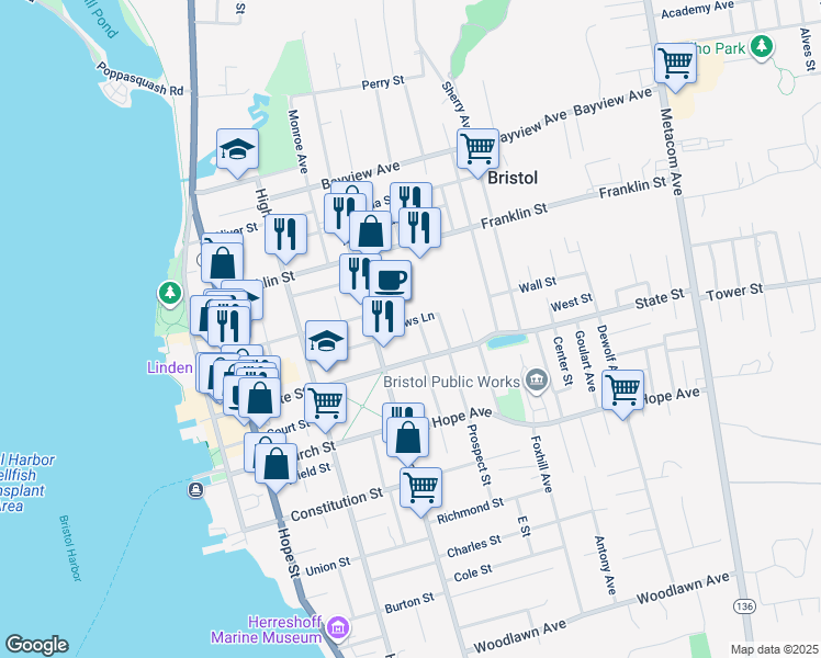 map of restaurants, bars, coffee shops, grocery stores, and more near 30 Rock Street in Bristol