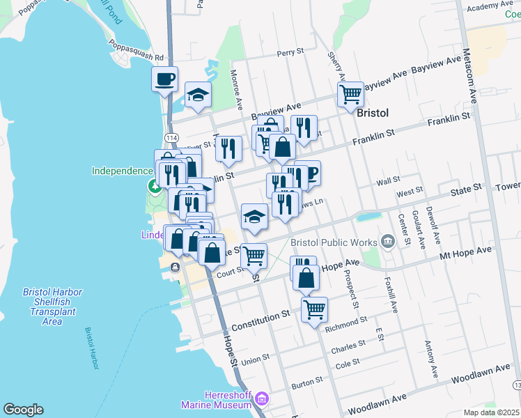 map of restaurants, bars, coffee shops, grocery stores, and more near 163 Bradford Street in Bristol