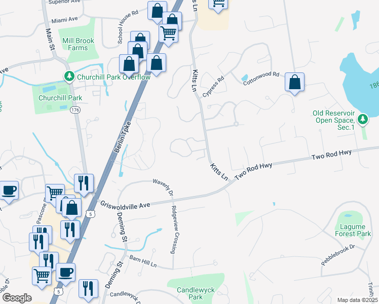 map of restaurants, bars, coffee shops, grocery stores, and more near 806 Griswold Hills Drive in Newington