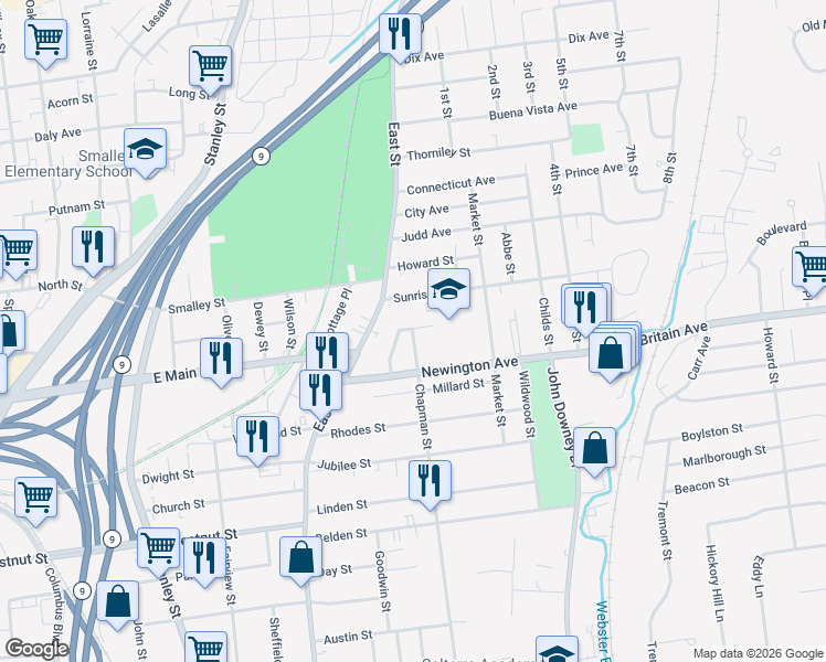 map of restaurants, bars, coffee shops, grocery stores, and more near 39 Chapman Court in New Britain