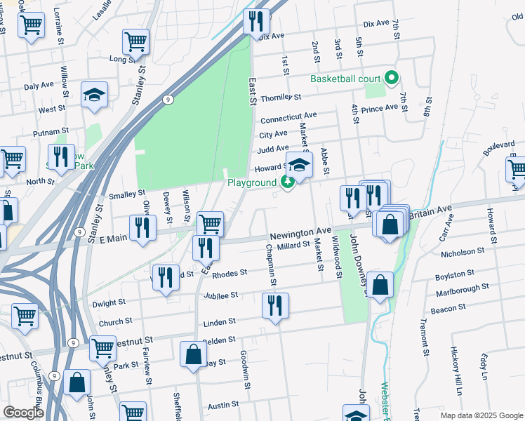 map of restaurants, bars, coffee shops, grocery stores, and more near 39 Chapman Court in New Britain