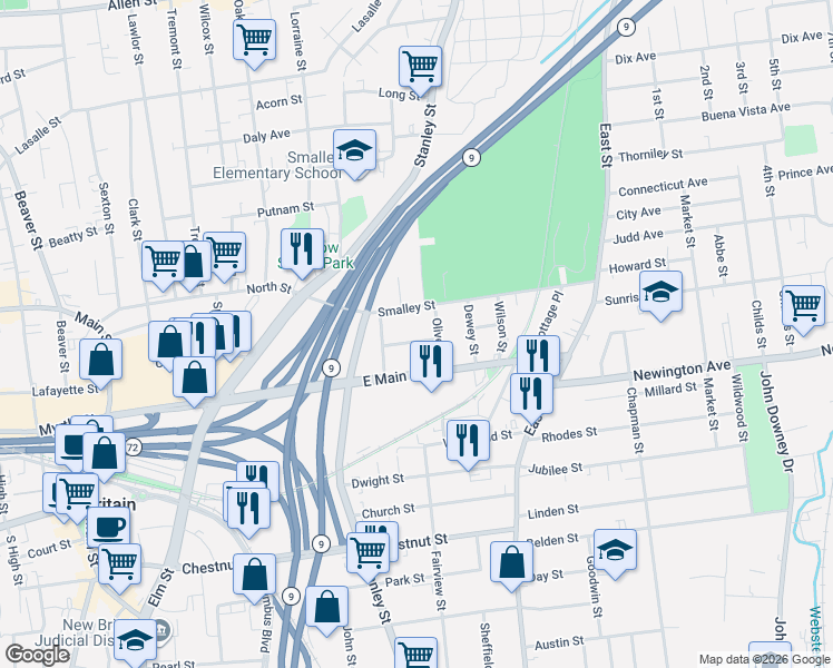 map of restaurants, bars, coffee shops, grocery stores, and more near 85 Smalley Street in New Britain