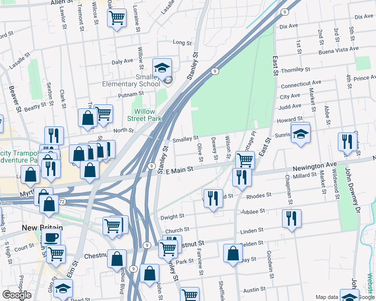 map of restaurants, bars, coffee shops, grocery stores, and more near 85 Smalley Street in New Britain