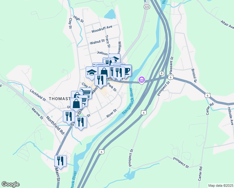 map of restaurants, bars, coffee shops, grocery stores, and more near 211 Elm Street in Thomaston